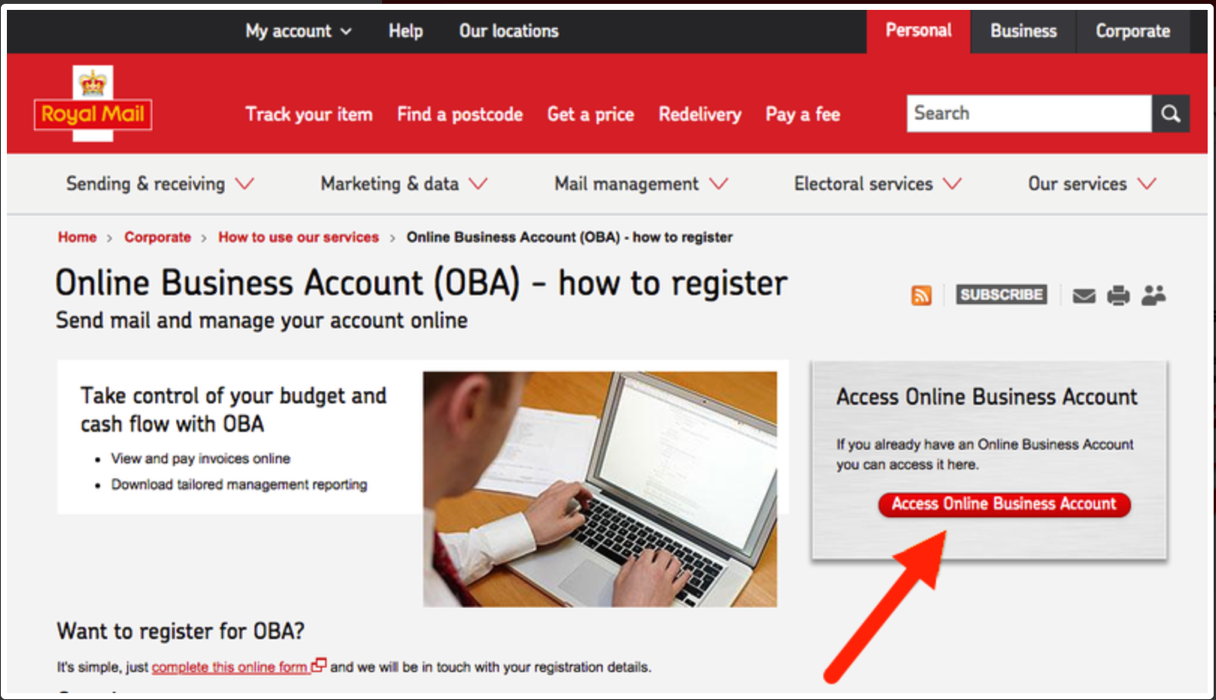 Royal Mail Online Business Account (OBA) screen. ­Access OBA button highlighted.